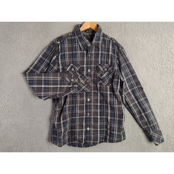 BKE Shirt Mens Size Large Plaid Button Up Black Gray Blue Long Roll Up Sleeve - Picture 1 of 10